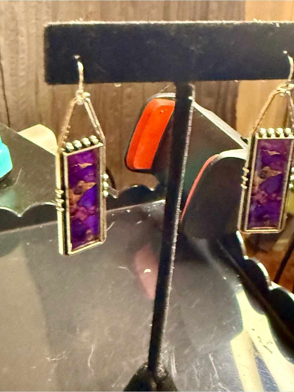 Purple Inlay Rectangle Drop Earrings - Unbranded